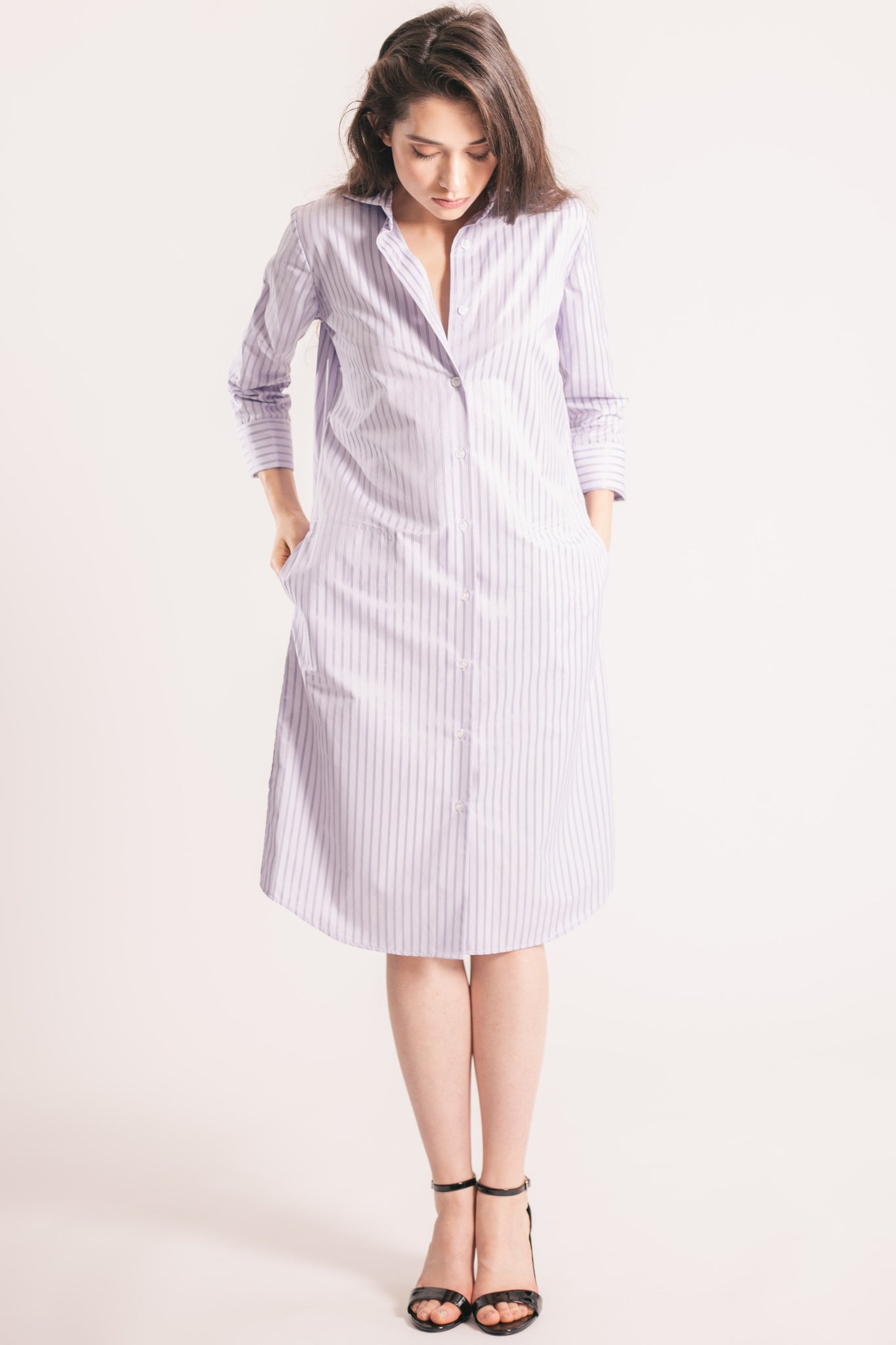 RYAN ¾ Sleeve Shirtdress - Lavender Tonal Stripe