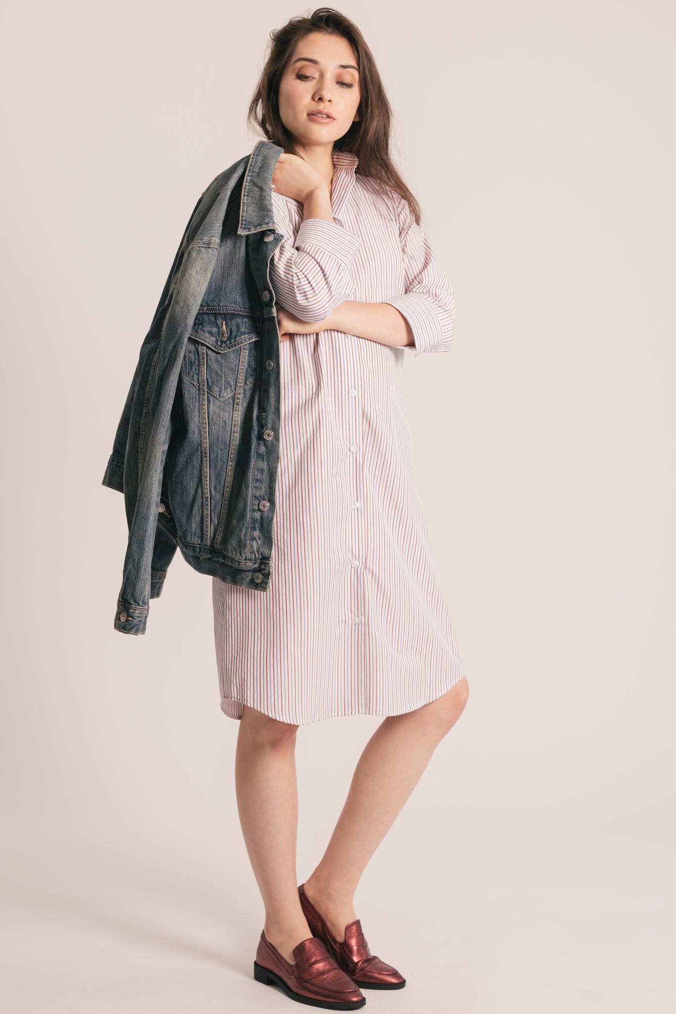 RYAN ¾ Sleeve Shirtdress - White Multi Stripe