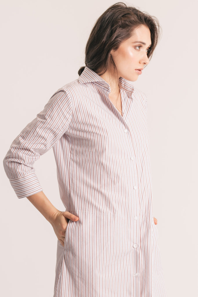 RYAN ¾ Sleeve Shirtdress - White Multi Stripe
