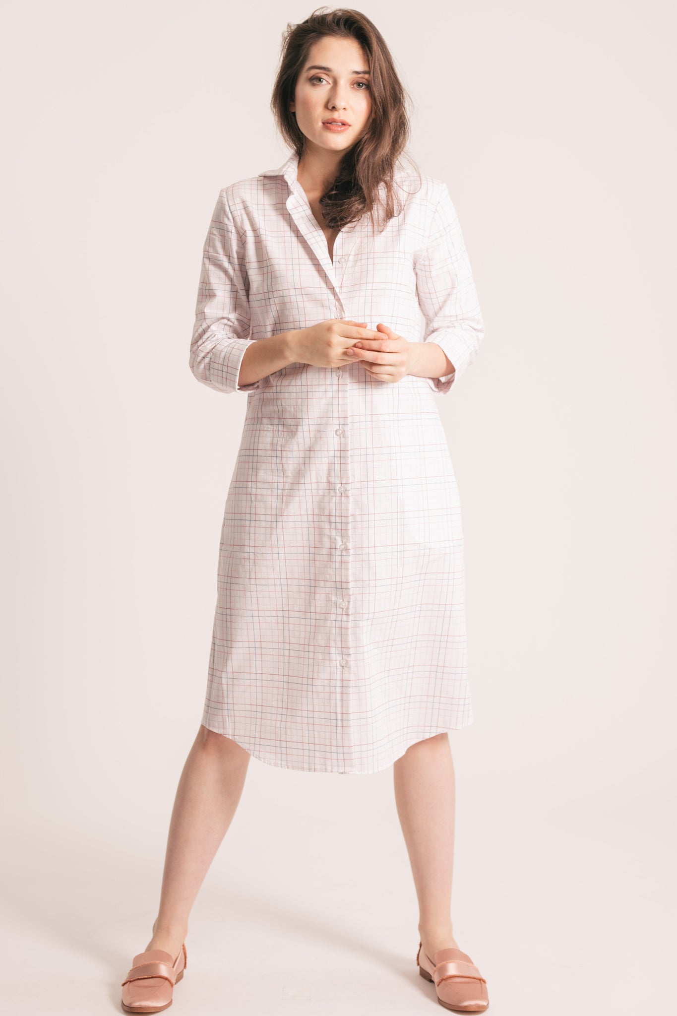 RYAN ¾ Sleeve Shirtdress - Pink and Blue Check