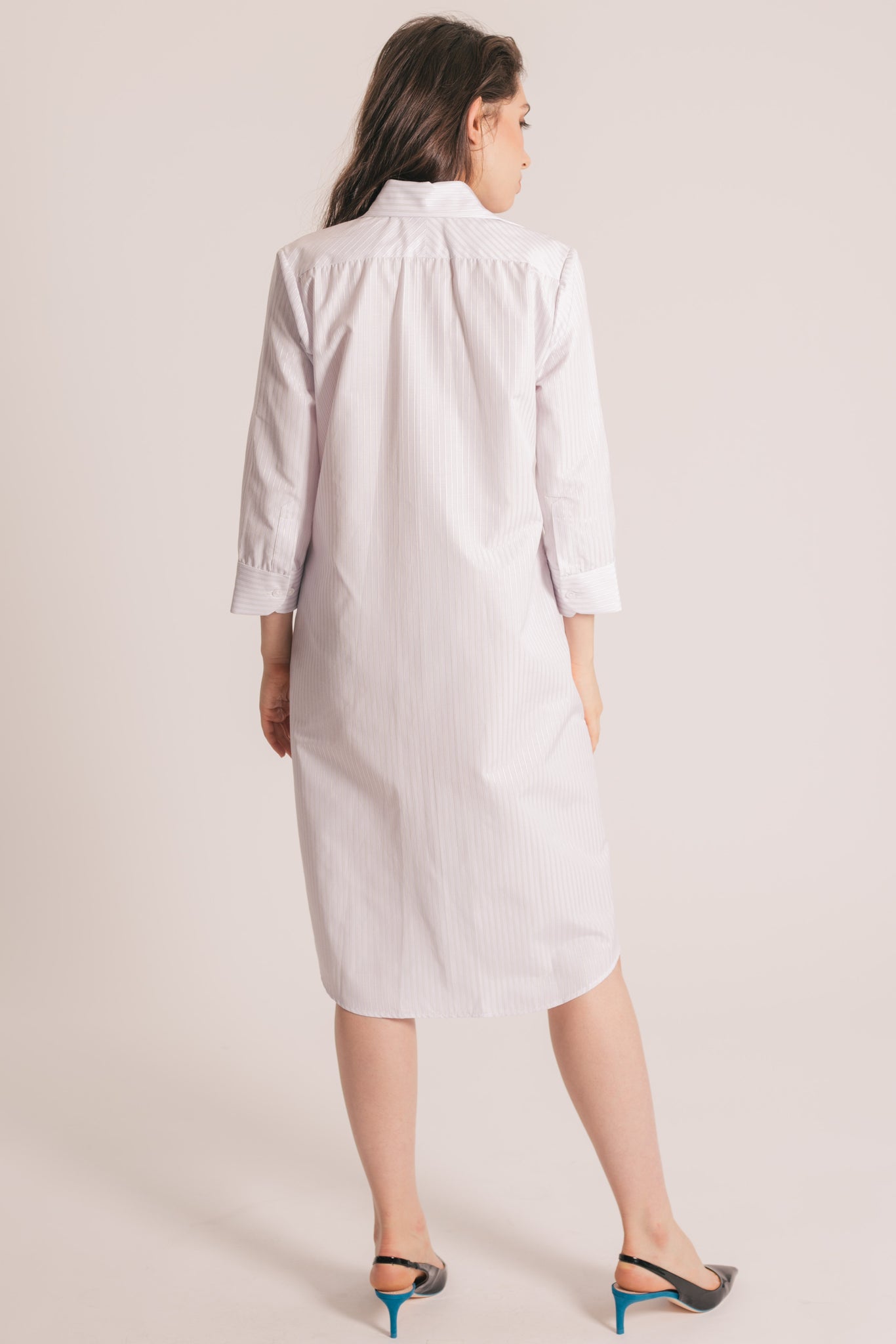 RYAN ¾ Sleeve Shirtdress - Lavender and White Stripe