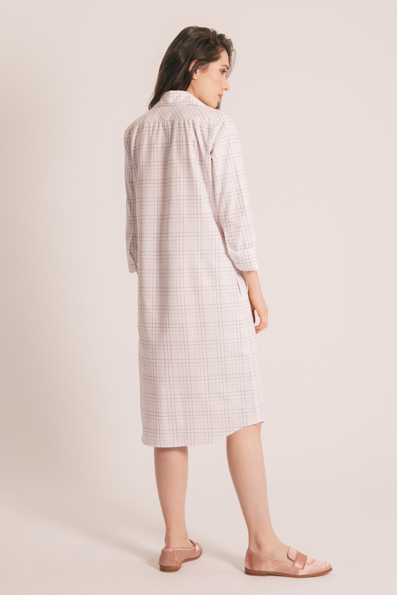 RYAN ¾ Sleeve Shirtdress - Pink and Blue Check