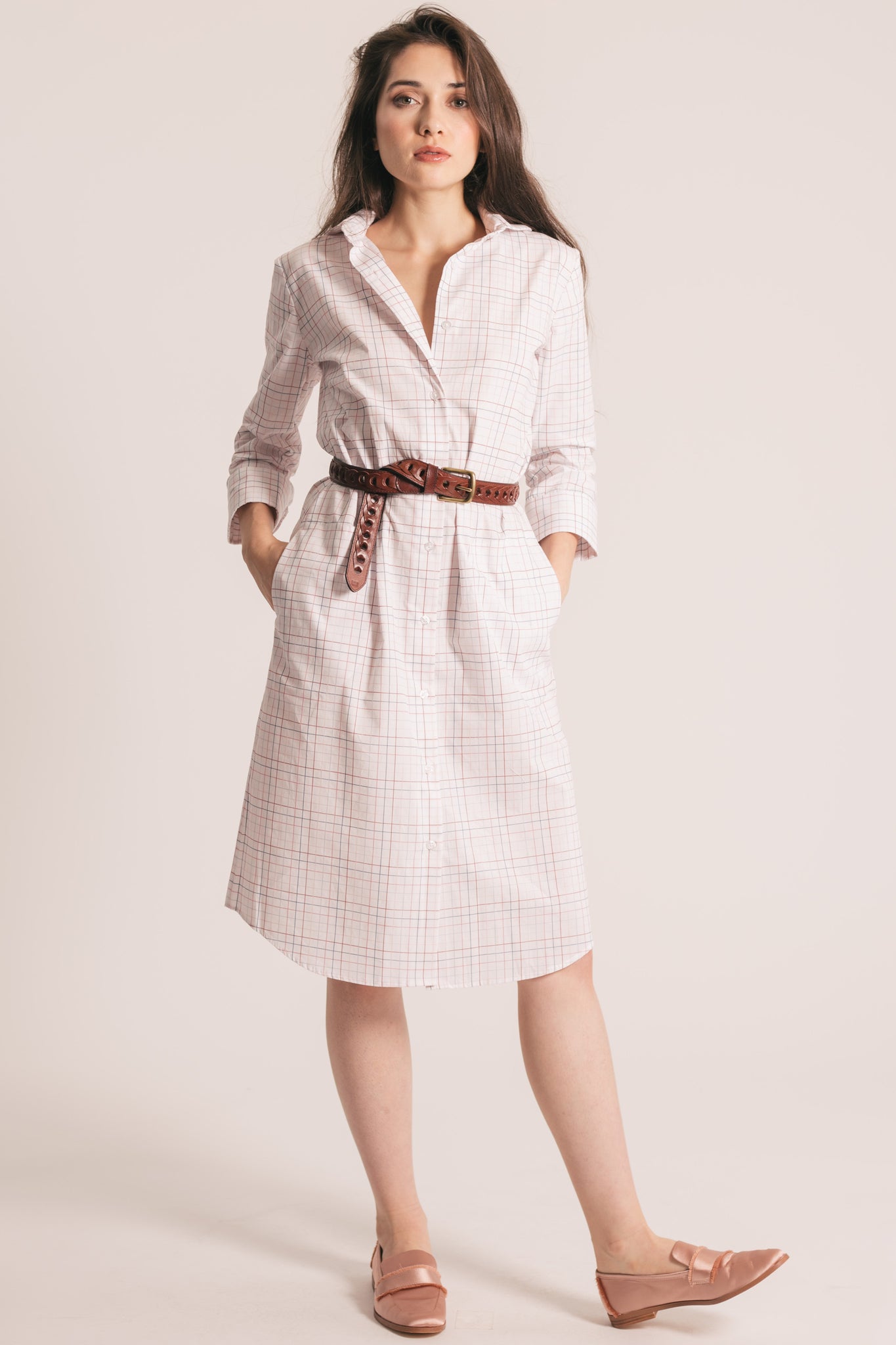 RYAN ¾ Sleeve Shirtdress - Pink and Blue Check
