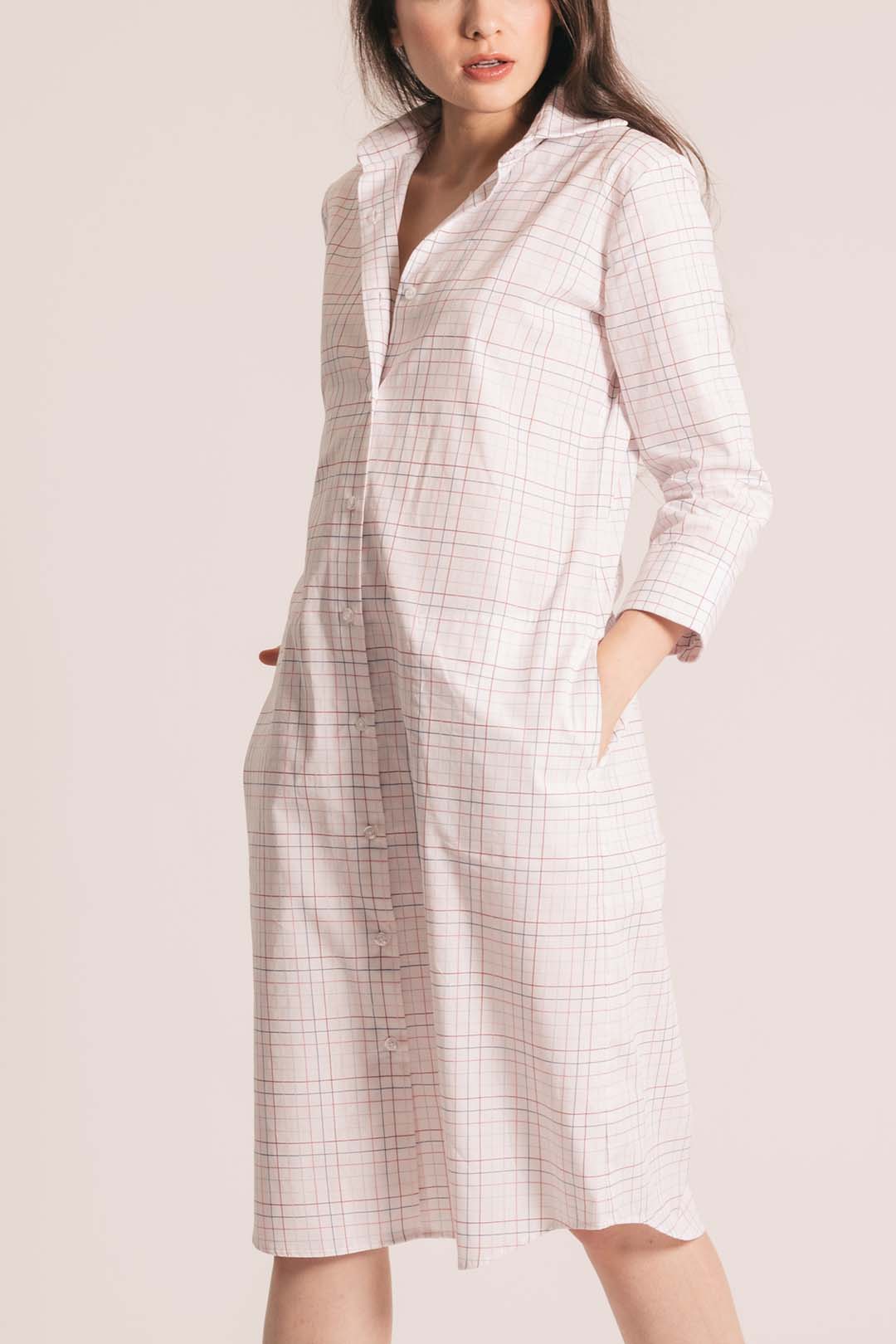 RYAN ¾ Sleeve Shirtdress - Pink and Blue Check