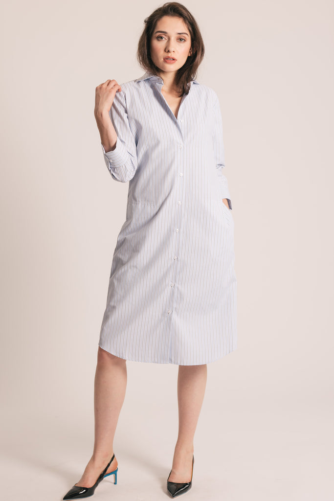 RYAN ¾ Sleeve Shirtdress - Light Blue and Black Stripe