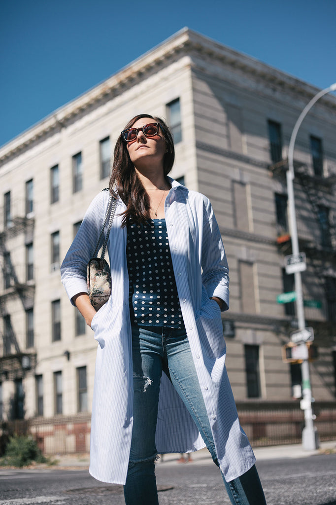 RYAN ¾ Sleeve Shirtdress - White and Blue Stripe