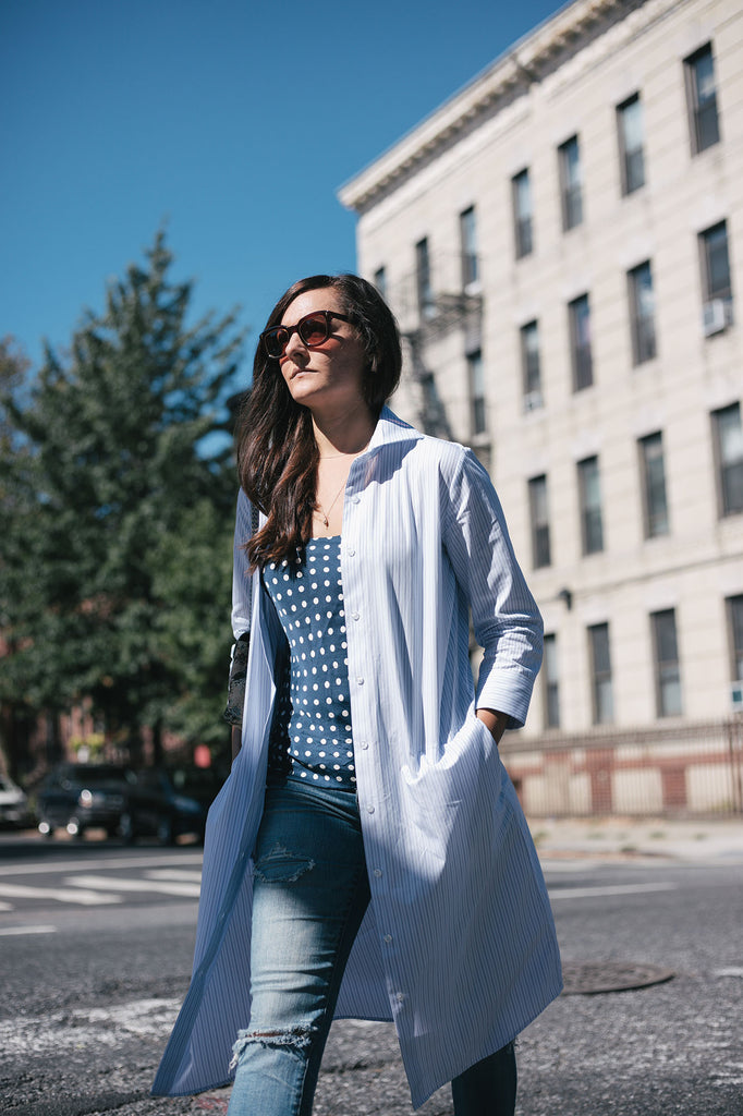 RYAN ¾ Sleeve Shirtdress - White and Blue Stripe