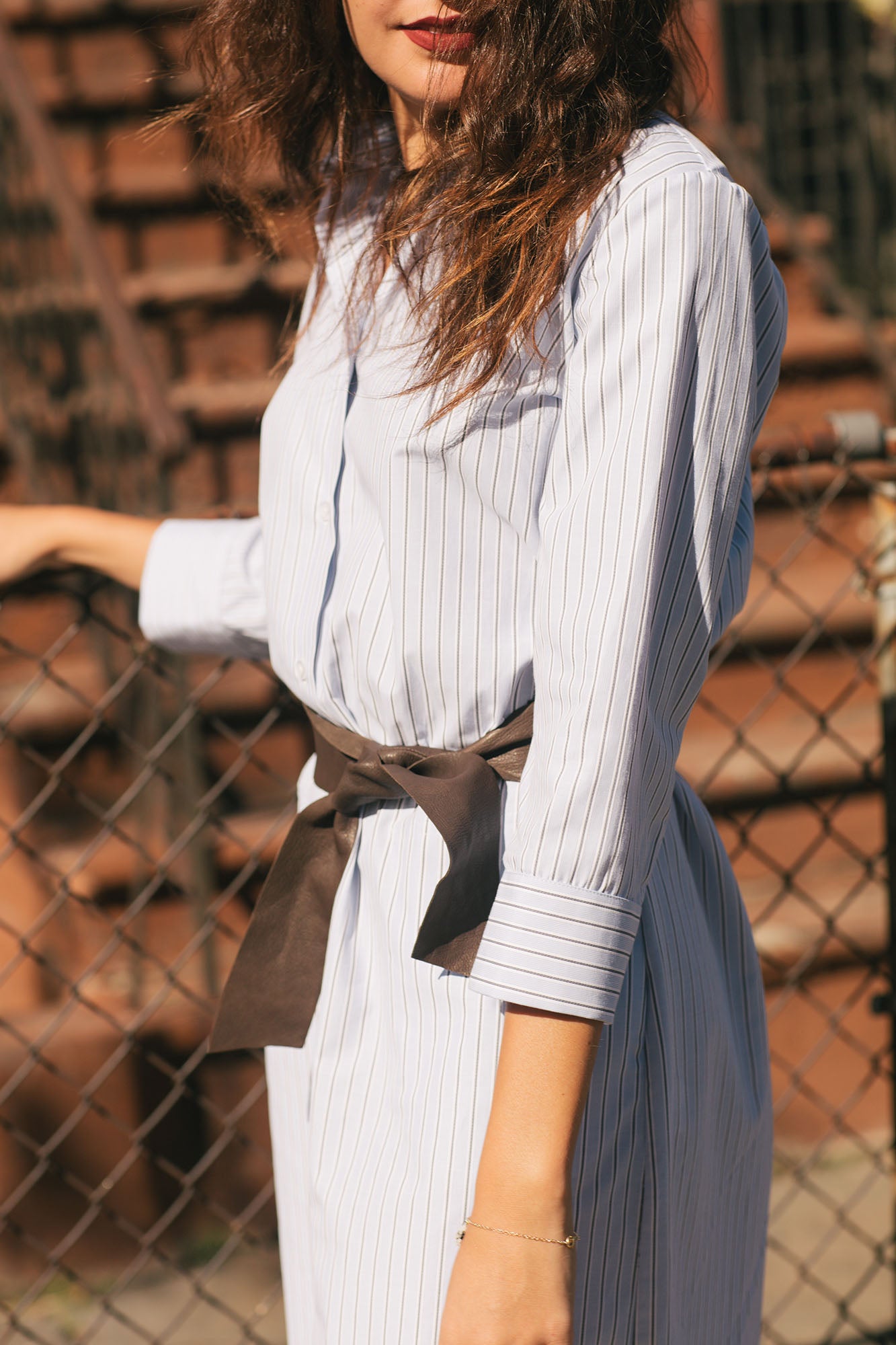RYAN ¾ Sleeve Shirtdress - Light Blue and Black Stripe