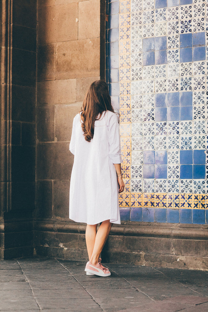 RYAN ¾ Sleeve Shirtdress - Lavender and White Stripe