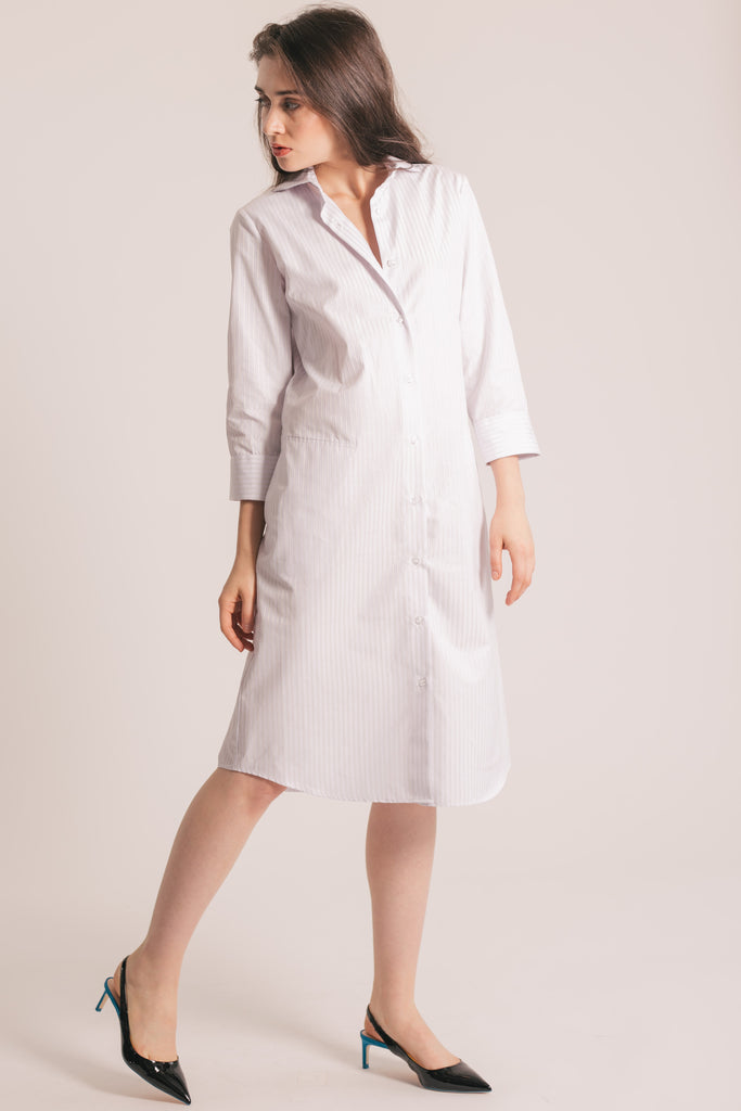 RYAN ¾ Sleeve Shirtdress - Lavender and White Stripe