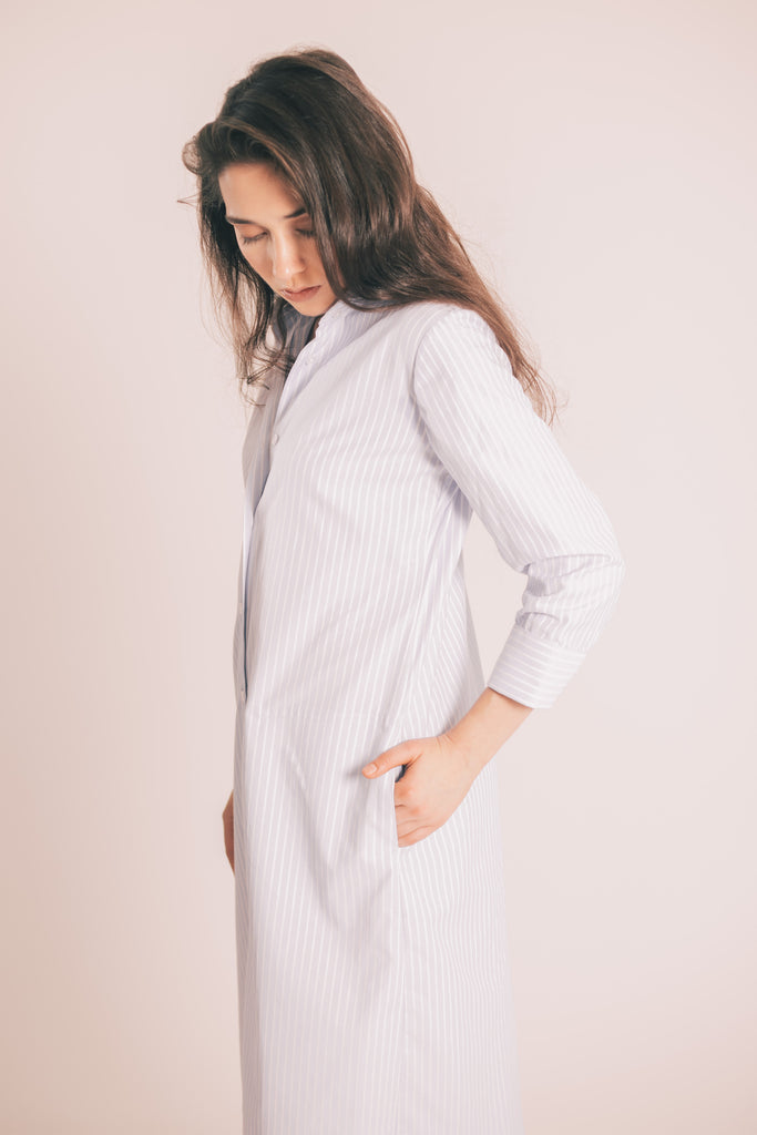 RYAN ¾ Sleeve Shirtdress - Light Blue and White Stripe
