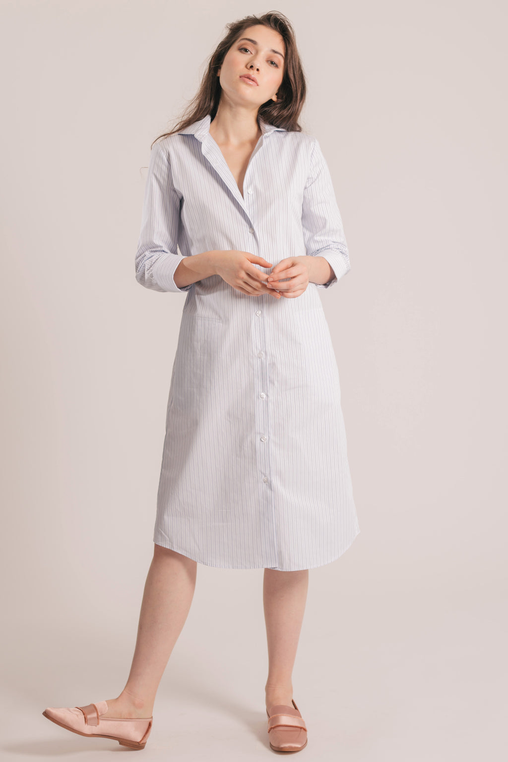 RYAN ¾ Sleeve Shirtdress - White and Blue Stripe