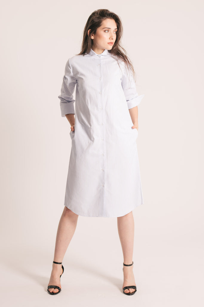 RYAN ¾ Sleeve Shirtdress - Light Blue and White Stripe