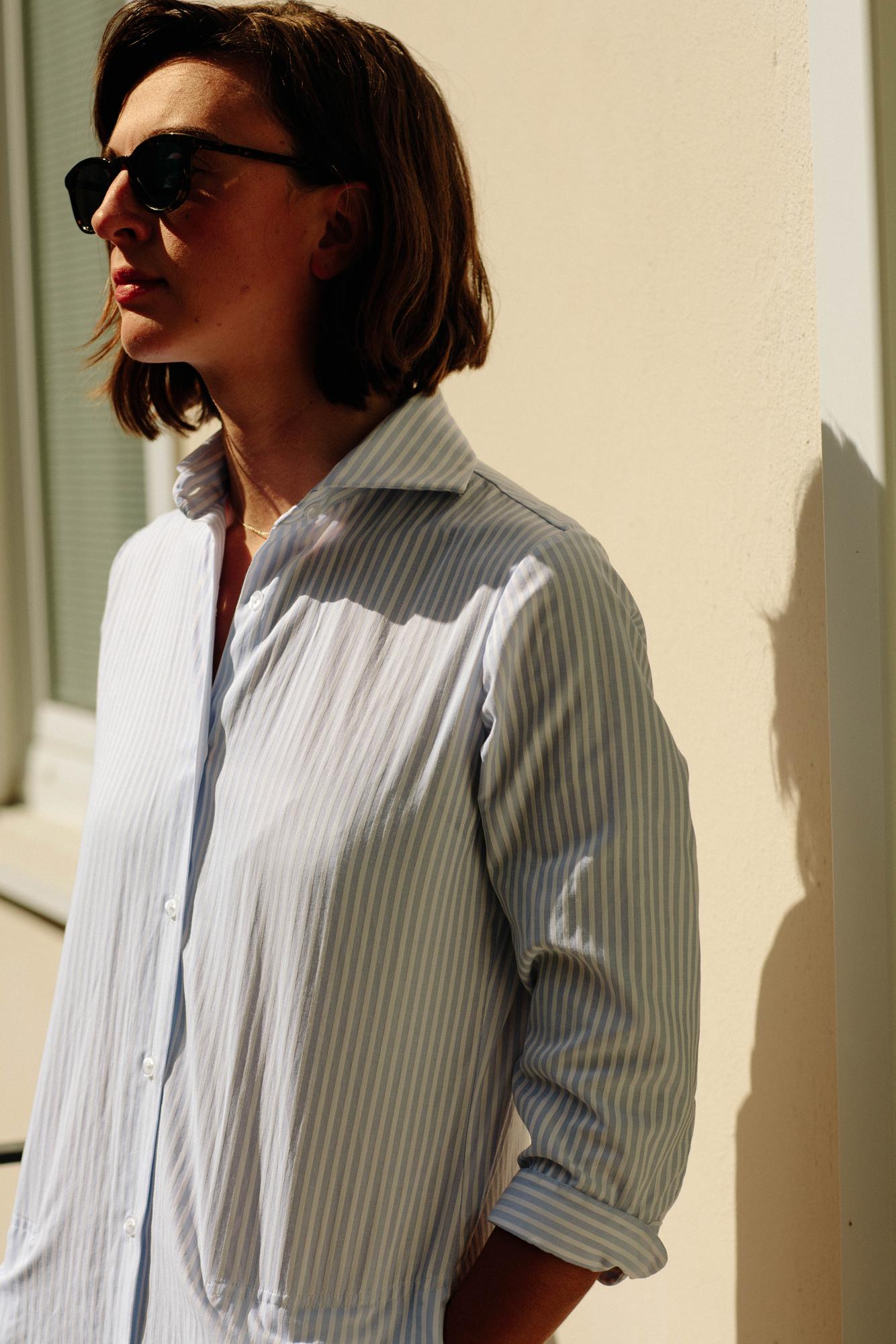 RYAN ¾ Sleeve Shirtdress - Light Blue and White Stripe